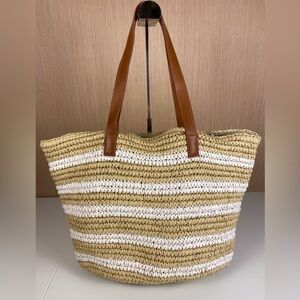 Gap Straw Tote Bag Tan & White Striped Summer Beach Market Shoulder Bag